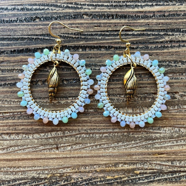 Beachy and Shells Beaded Earrings,Hoop  Lined Earrings, Earrings, Brass and Beaded Earrings, Lightweight Beaded, Neutrals, Sea Shell, Conch