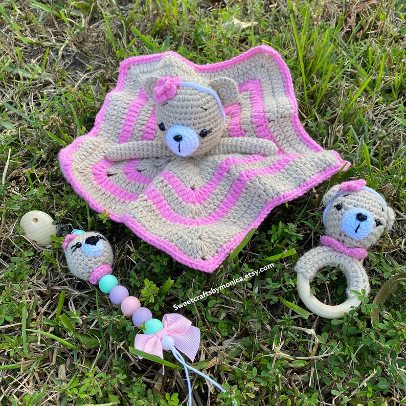 Crochet bear lovey pacifier holder and rattle/teether Etsy