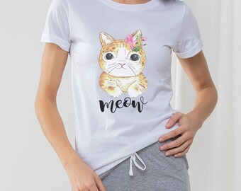 Cute kitten, cat in watercolor Women's Long Pant Pyjama Set