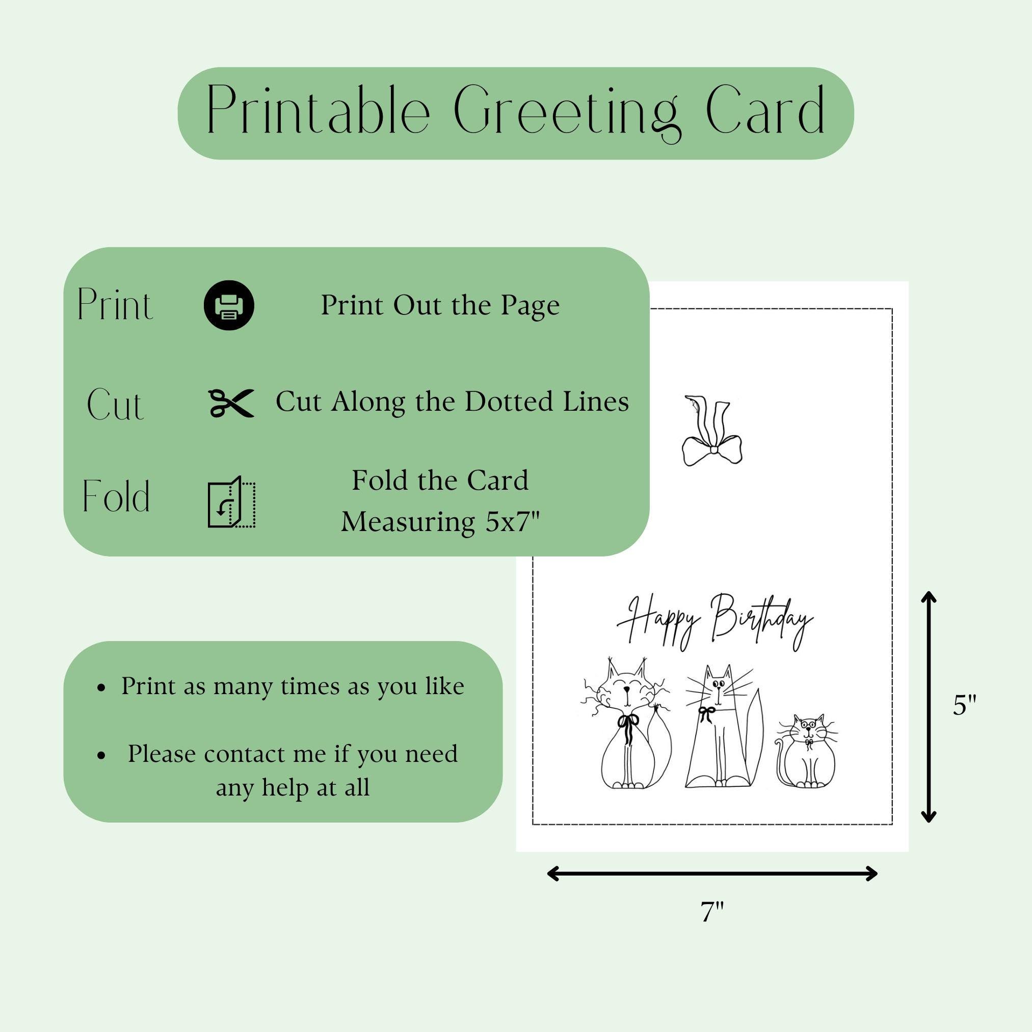 Printable Birthday Card With Cats - Instant Download 5x7 Greeting Card ...