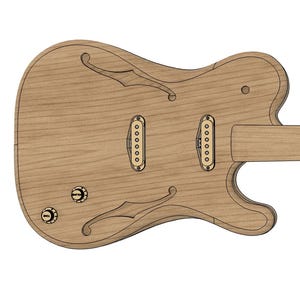 Puede incluir: Una guitarra eléctrica de madera marrón claro con un diseño de doble corte. La guitarra presenta dos pastillas, perillas de control y un clavijero con clavijas de afinación. El cuerpo tiene agujeros en forma de f decorativos. La guitarra está sin terminar.