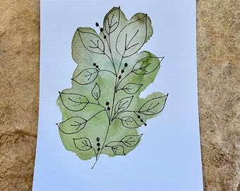 Watercolor Botanical Line Drawing Ink Wash 5x7