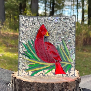 Mosaic Glass Art Cardinal with Rustic Wood Base for Candle