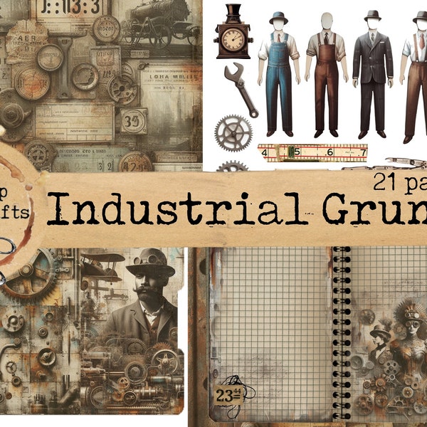 Industrial Grunge Journaling Kit, Junk Journal Kit, Printable Download, Rusty, Steampunk