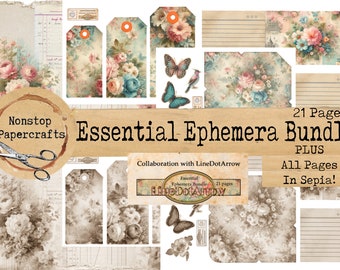 Essentiële Ephemera-bundel, samenwerkingskit, junk Journal Kit, Ephemera, bloemen, afdrukbare download
