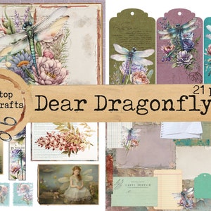 Dear Dragonfly Journaling Kit, Junk Journal Kit, Printable Download, Floral, Dragonflies