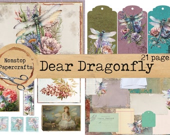 Dear Dragonfly Journaling Kit, Junk Journal Kit, Printable Download, Floral, Dragonflies