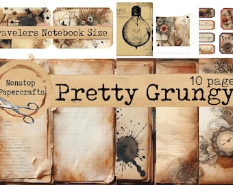 May include: A set of 10 pages of vintage-style scrapbook paper with a grunge aesthetic. The paper is brown and beige with black ink splatters and a distressed look. The pages are labeled "Pretty Grungy" and "Nonstop Papercrafts".