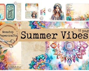 Summer Vibes, Junk Journal Kit, Printable Download, Scrapbook Pages, Colourful Florals