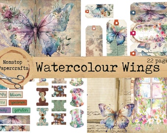 Watercolour Wings Journaling Kit, Junk Journal Kit, Printable Download, Floral, Butterflies