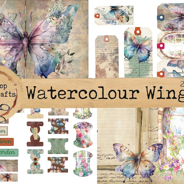 Watercolour Wings Journaling Kit, Junk Journal Kit, Printable Download, Floral, Butterflies