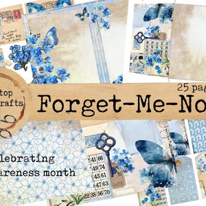 Puede incluir: Un collage de elementos de manualidades en papel con una estética vintage. El diseño presenta nomeolvides azules, mariposas y texturas de papel envejecido. El texto incluye "Forget-Me-Not" y "25 páginas". Celebrando el mes de concienciación sobre la EM.