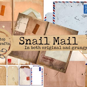Puede incluir: Un collage de objetos de papel vintage, incluyendo sobres, etiquetas y páginas de diario. El texto "Snail Mail" se muestra en una pancarta, con texto adicional que indica que el contenido es original y desgastado. La imagen incluye el texto "Nonstop Papercrafts" y "36 páginas".