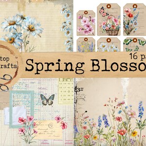 Puede incluir: Un paquete de papel digital con 16 páginas con fondos de estilo vintage, diseños florales, mariposas y texto. El título "Spring Blossoms" se muestra en negrita. El texto "Nonstop Papercrafts" también está incluido.