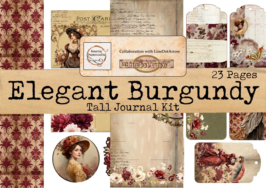 Elegant Burgundy, Collaboration Kit, Tall Junk Journal Kit, Ephemera ...