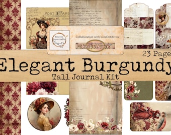 Elegant Burgundy, Collaboration Kit, Tall Junk Journal Kit, Ephemera, Floral, Printable Download