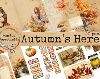 Autumn's Here Journaling Kit, Junk Journal Kit, Printable Download, Fall, Pumpkin