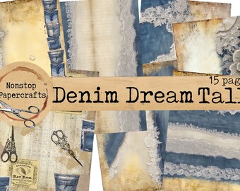 Denim Dream Tall Journaling Kit, Junk Journal Kit, Printable Download, Jeans, Lace