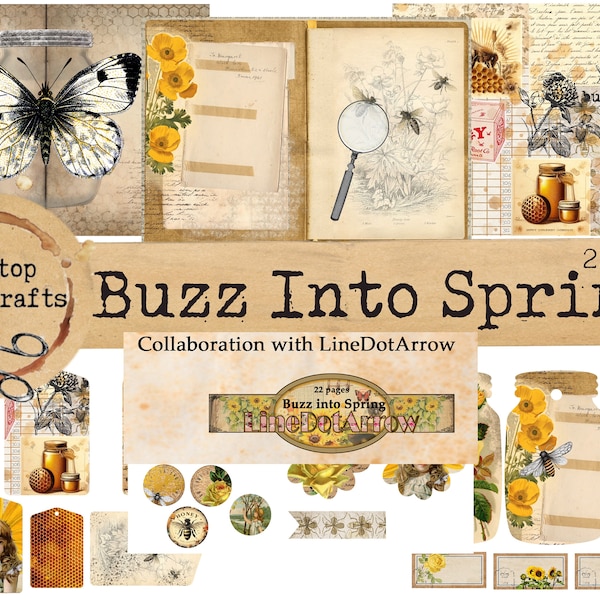 Buzz Into Spring Collaboration Kit, Junk Journal Kit, Spring, Bees, Printable Download