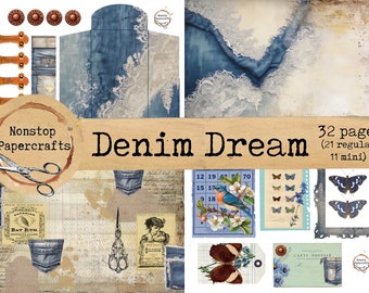 Denim Dream Journaling Kit, Junk Journal Kit, Printable Download, Jeans, Lace