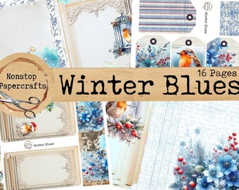 Winter Blues, Junk Journal Kit, Printable Download, Holidays, Winter, Robins