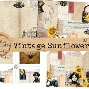 Vintage Sunflowers Journaling Kit, Junk Journal Kit, Printable Download, Steampunk, Grungy