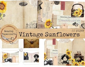 Vintage Sunflowers Journaling Kit, Junk Journal Kit, Printable Download, Steampunk, Grungy