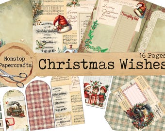 Christmas Wishes, Junk Journal Kit, Printable Download, Holidays, Vintage