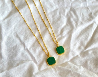 Malachite Quad Charm Pendant Necklace, 18K Gold, Dainty Chain, Gold Small Pendant, Layering, Gift for Her, Square Gemstone Pendant Necklace