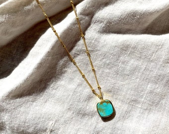 Turquoise Quad Charm Pendant Necklace, 18K Gold Plated, Dainty Chain, Gold Small Pendant, Layering, Gift for Her, Square Gemstone Necklace