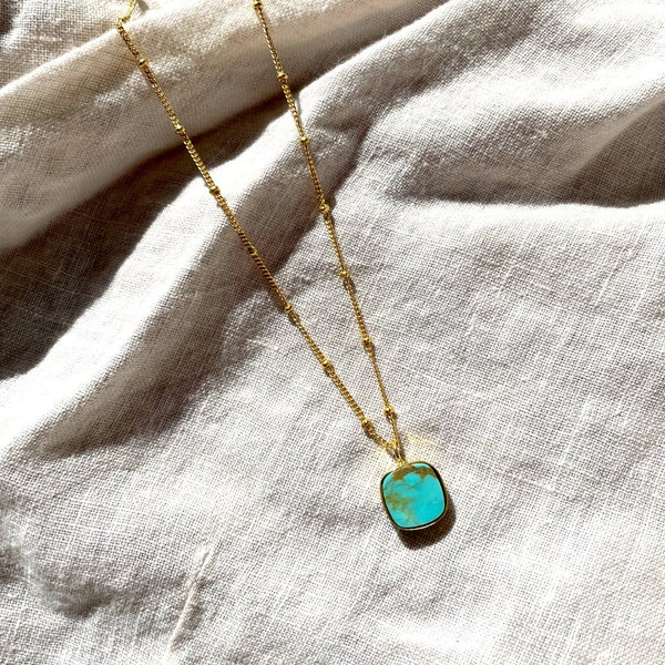 Turquoise Quad Charm Pendant Necklace, 18K Gold Plated, Dainty Chain, Gold Small Pendant, Layering, Gift for Her, Square Gemstone Necklace