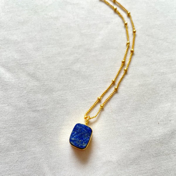 Lapis Lazuli Square Pendant Necklace, 18K Gold, Dainty Chain, Gold Small Pendant, Layering, Gift for Her, Gemstone Pendant Necklace