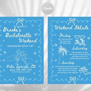 Puede incluir: Dos tarjetas de invitación azules con texto e ilustraciones en blanco. La tarjeta izquierda dice "Bachelorette Weekend de Brooke" en escritura, con detalles del evento para Palm Springs, CA. La tarjeta derecha enumera las actividades del fin de semana.