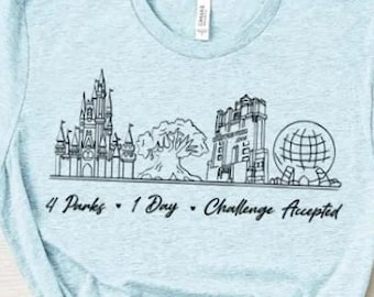 4 Park 1 Day Challenge Accepted Shirt/Disney World Park Hop Shirt/Cinderella Castle/Epcot Spaceship Earth/Tree of Life/Hollywood Tower Hotel