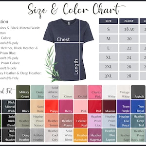 May include: A navy blue t-shirt with a size and color chart. The chart includes chest and length measurements in inches. The shirt is shown with a relaxed fit and is available in various colors.