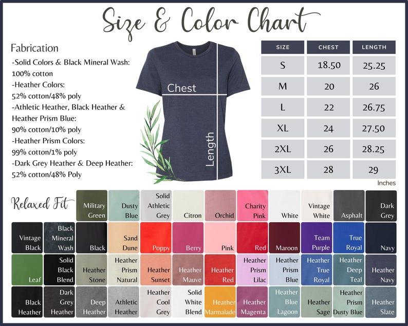 May include: A navy blue t-shirt with a size and color chart. The chart includes chest and length measurements in inches. The shirt is shown with a relaxed fit and is available in various colors.