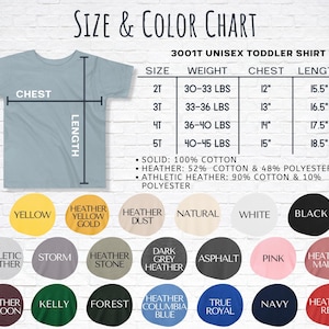May include: A size and color chart for a unisex toddler shirt. The chart includes sizes 2T to 5T, with chest and length measurements in inches, and weight in pounds. Color swatches include yellow, black, and navy.