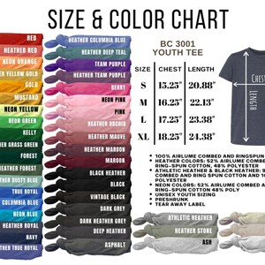 May include: Size and color chart for youth t-shirts. The chart shows different colors of t-shirts, including red, orange, yellow, green, blue, purple, pink, and black. The chart also includes a size chart with chest and length measurements in inches. The t-shirts are made of 100% airlume combed and ringspun cotton.