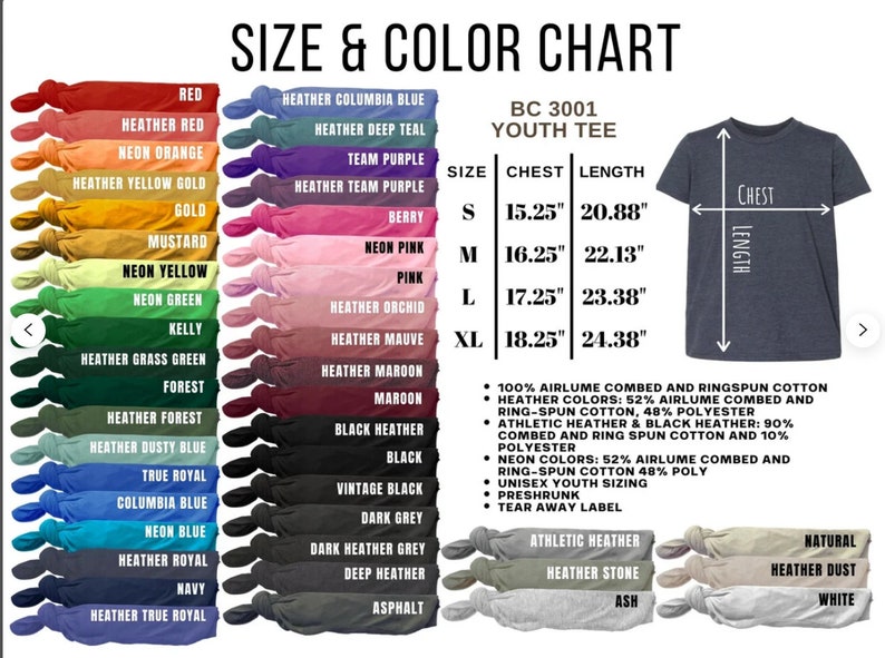 May include: Size and color chart for youth t-shirts. The chart shows different colors of t-shirts, including red, orange, yellow, green, blue, purple, pink, and black. The chart also includes a size chart with chest and length measurements in inches. The t-shirts are made of 100% airlume combed and ringspun cotton.