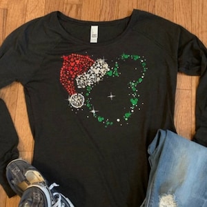 Glitter Santa Mickey or Minnie Head Women&#39;s Long Sleeve Tunic/Glitter Sparkle Mickey or Minnie Head/Disney Christmas Shirt/Matching Disney