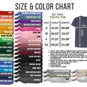 May include: Size and color chart for a BC 3001 youth tee, with a variety of colors including red, neon orange, and true royal. The chart includes chest and length measurements in inches for sizes S, M, L, and XL.