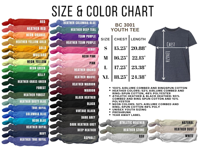 May include: Size and color chart for a BC 3001 youth tee, with a variety of colors including red, neon orange, and true royal. The chart includes chest and length measurements in inches for sizes S, M, L, and XL.