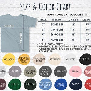 May include: Size and color chart for a unisex toddler shirt. The chart shows sizes 2T, 3T, 4T, and 5T with corresponding weight, chest, and length measurements in inches and pounds. The chart also includes a color chart with various colors, including yellow, white, black, pink, and blue.