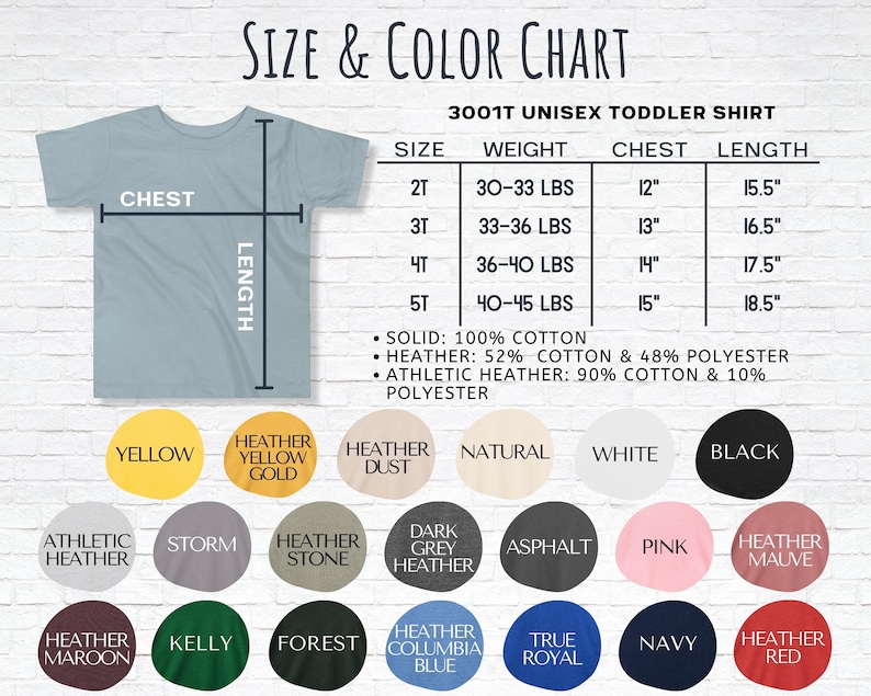 May include: Size and color chart for a unisex toddler shirt. The chart shows sizes 2T, 3T, 4T, and 5T with corresponding weight, chest, and length measurements in inches and pounds. The chart also includes a color chart with various colors, including yellow, white, black, pink, and blue.