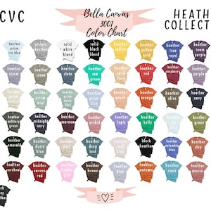 May include: Color chart for Bella Canvas 3001 t-shirts, featuring a variety of heather colors. The chart includes names for each color, such as "heather prism lilac", "heather storm", and "heather midnight navy".