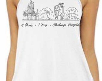 Camiseta sin mangas "4 Parks 1 Day Challenge Accepted" / Diseño de 4 parques de Disney World / Magic Kingdom / Animal Kingdom / Epcot / Hollywood Studios / Camiseta Disney Park Hop