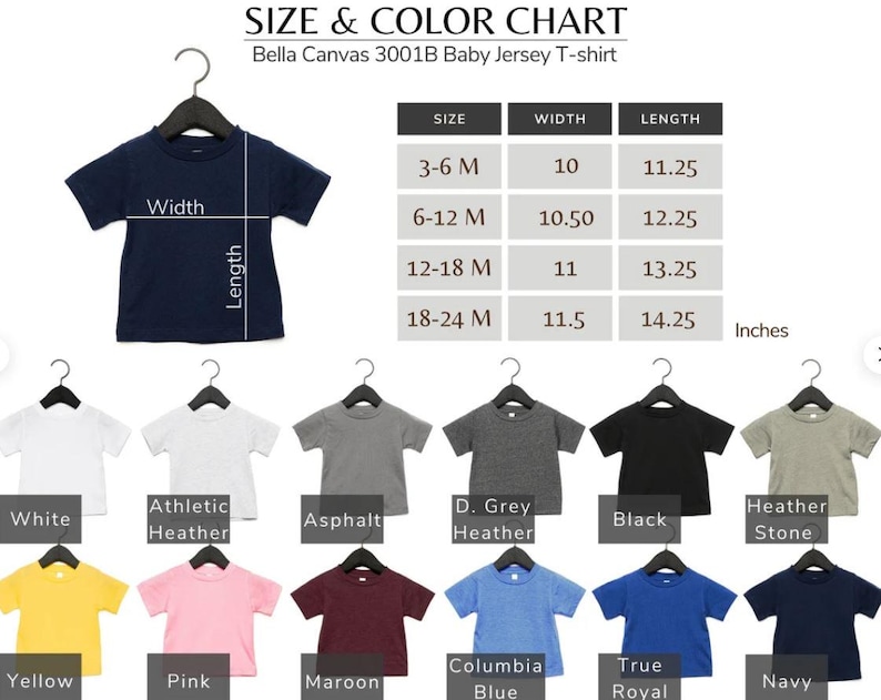 May include: A navy blue baby jersey t-shirt hanging on a black hanger. The image includes a size and color chart with various t-shirt colors, including white, yellow, pink, and blue. The chart shows measurements in inches.