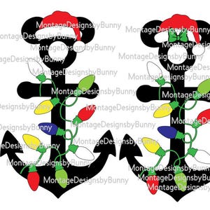 May include: Two black anchor designs with Mickey Mouse ears and Santa hats, adorned with colorful Christmas lights. One has a red Santa hat, the other a green bow. Text: Montage Designsby Bunny.