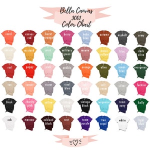 May include: Color chart for Bella Canvas 3001 t-shirts, showing a variety of colors in a grid format. Each color is represented by a small t-shirt mockup.