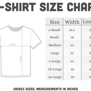 May include: T-shirt size chart with a diagram of a t-shirt showing width and length measurements. The chart lists sizes from x-small to 3x-large with corresponding width and length measurements in inches.